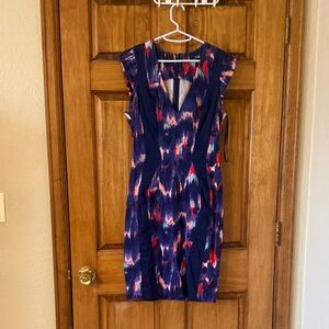 Capped sleeves Multicolor Ikat-Print Sheath Dress - Navy